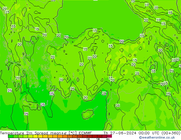 Temperature 2m Spread ECMWF Th 27.06.2024 00 UTC