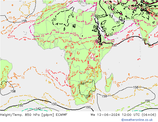 Hoogte/Temp. 850 hPa ECMWF wo 12.06.2024 12 UTC