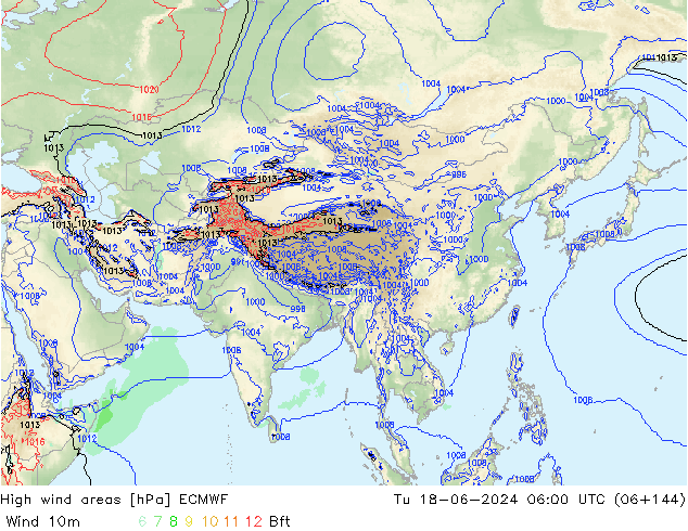 High wind areas ECMWF Út 18.06.2024 06 UTC