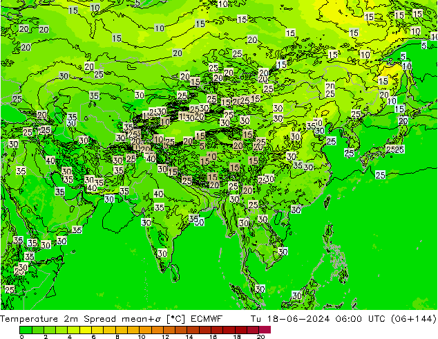 Temperatura 2m Spread ECMWF mar 18.06.2024 06 UTC