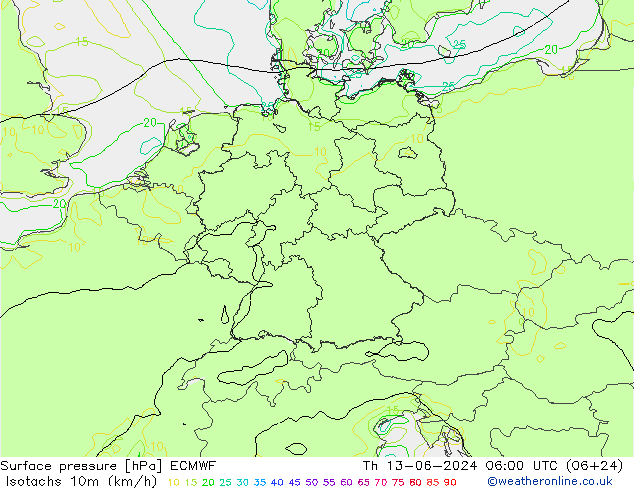 Isotachs (kph) ECMWF Čt 13.06.2024 06 UTC