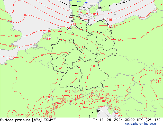 Pressione al suolo ECMWF gio 13.06.2024 00 UTC