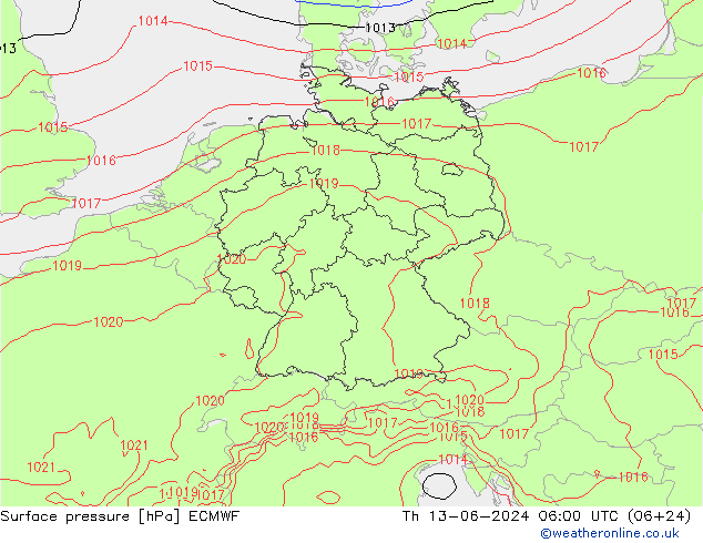 Pressione al suolo ECMWF gio 13.06.2024 06 UTC