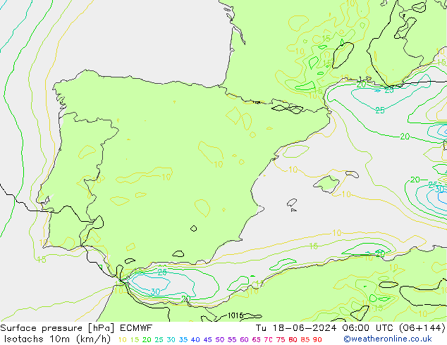 Isotaca (kph) ECMWF mar 18.06.2024 06 UTC