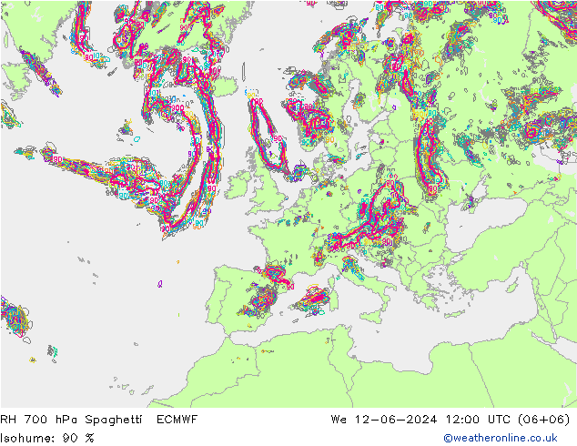 RH 700 hPa Spaghetti ECMWF Mi 12.06.2024 12 UTC