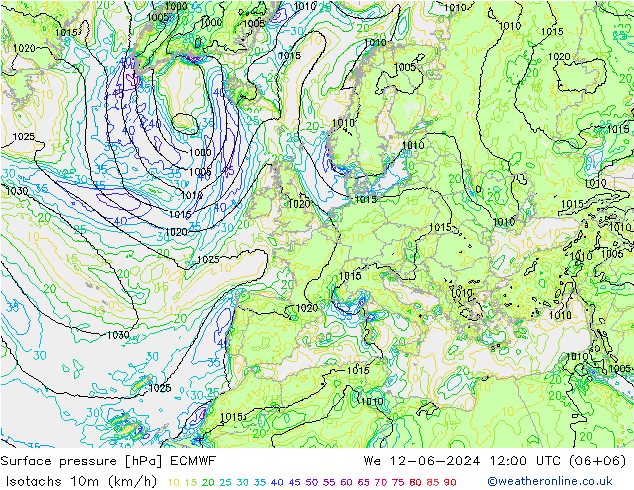 Isotachen (km/h) ECMWF Mi 12.06.2024 12 UTC