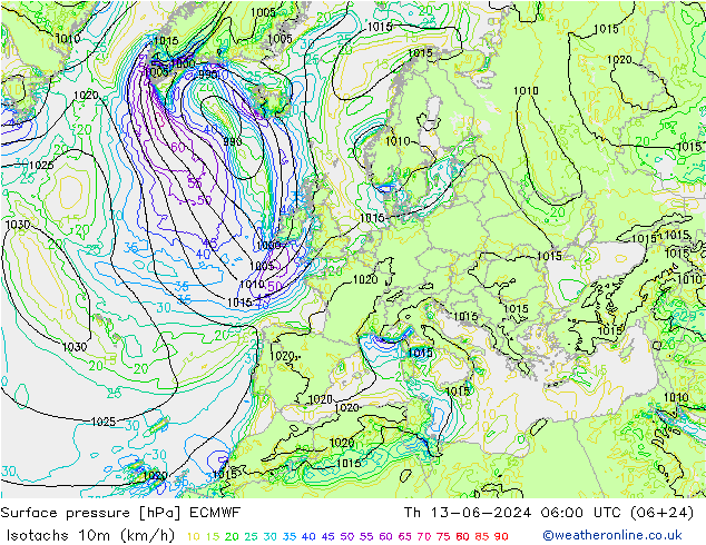 Isotachs (kph) ECMWF gio 13.06.2024 06 UTC