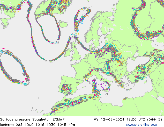 Surface pressure Spaghetti ECMWF We 12.06.2024 18 UTC