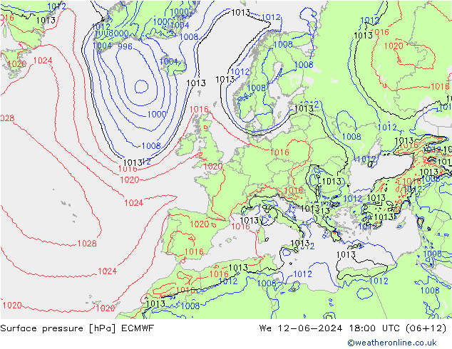Pressione al suolo ECMWF mer 12.06.2024 18 UTC