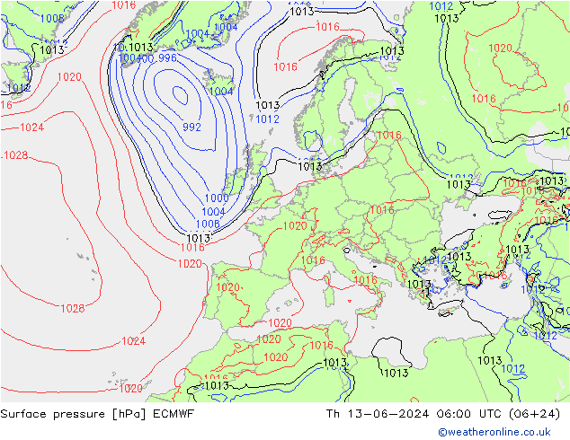 地面气压 ECMWF 星期四 13.06.2024 06 UTC