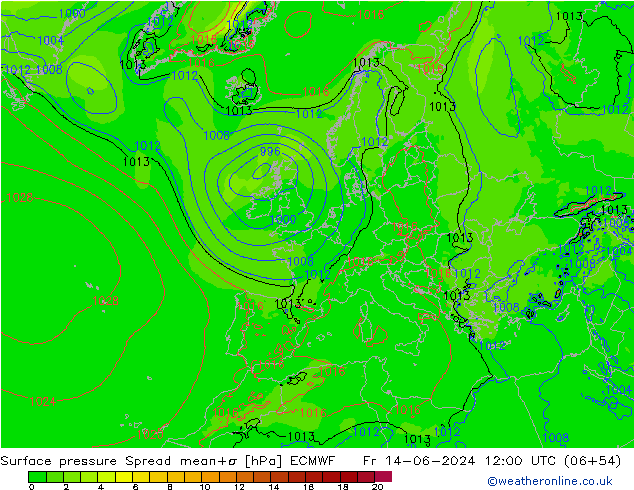 Pressione al suolo Spread ECMWF ven 14.06.2024 12 UTC