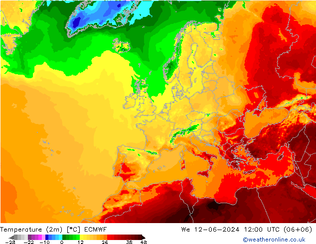 Temperaturkarte (2m) ECMWF Mi 12.06.2024 12 UTC