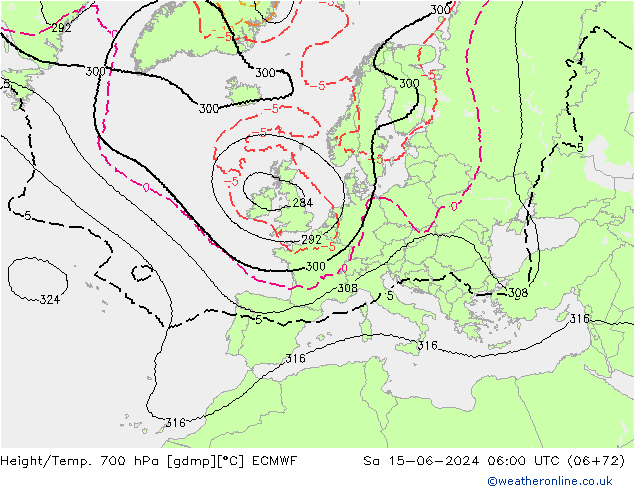 Height/Temp. 700 hPa ECMWF so. 15.06.2024 06 UTC