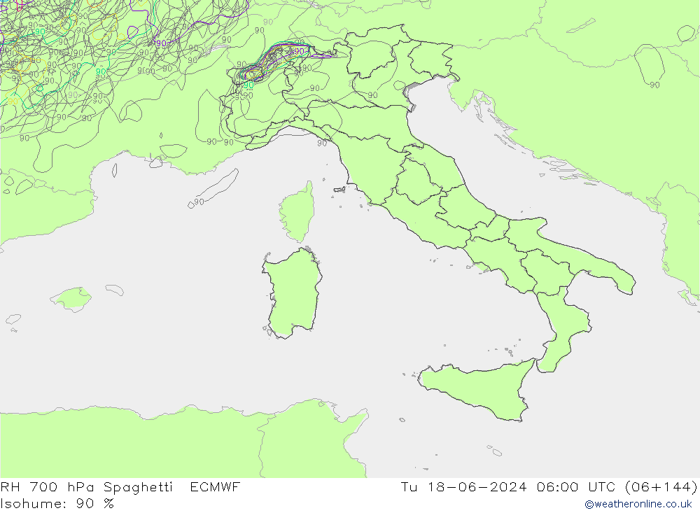 Humedad rel. 700hPa Spaghetti ECMWF mar 18.06.2024 06 UTC