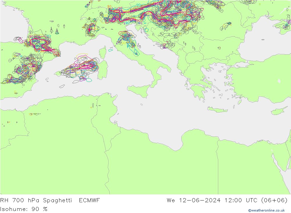 RH 700 hPa Spaghetti ECMWF Qua 12.06.2024 12 UTC