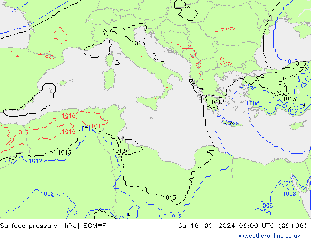 Presión superficial ECMWF dom 16.06.2024 06 UTC