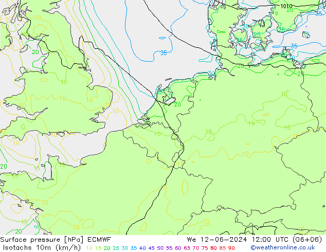 Isotachen (km/h) ECMWF wo 12.06.2024 12 UTC