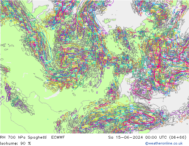 RH 700 гПа Spaghetti ECMWF сб 15.06.2024 00 UTC