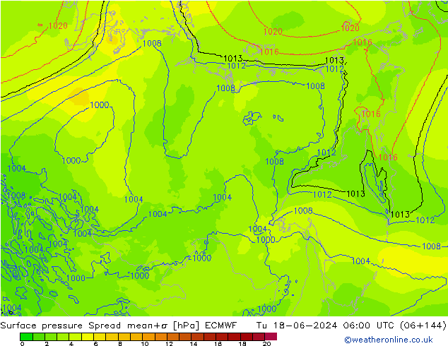 Pressione al suolo Spread ECMWF mar 18.06.2024 06 UTC