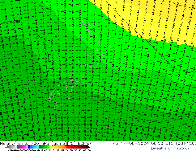 Height/Temp. 700 hPa ECMWF Mo 17.06.2024 06 UTC