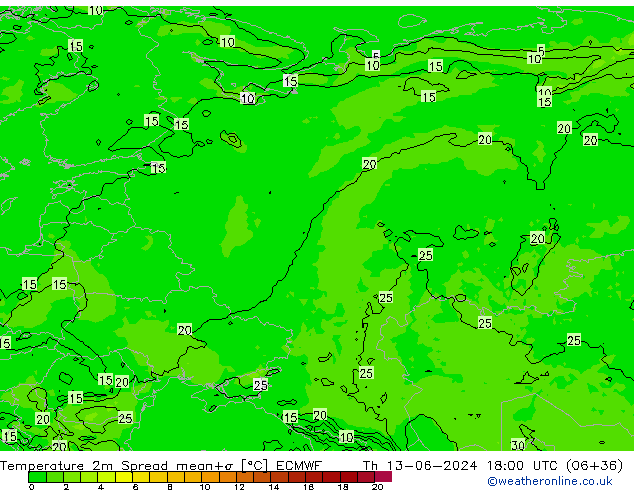 карта температуры Spread ECMWF чт 13.06.2024 18 UTC
