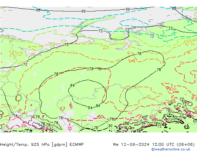 Height/Temp. 925 hPa ECMWF mer 12.06.2024 12 UTC