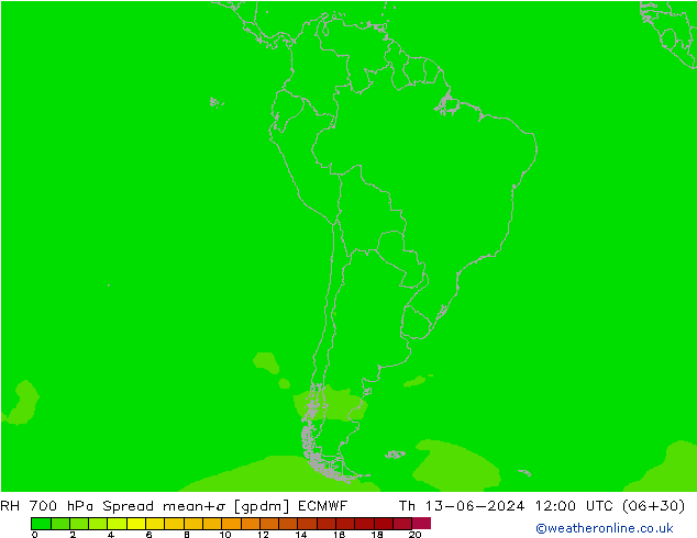 RH 700 hPa Spread ECMWF gio 13.06.2024 12 UTC