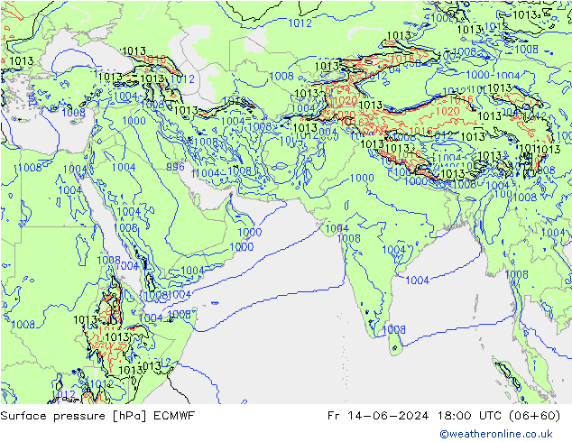 Presión superficial ECMWF vie 14.06.2024 18 UTC