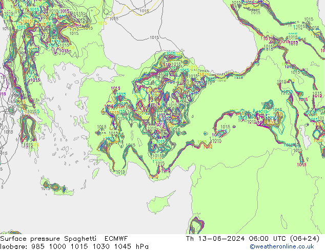 Surface pressure Spaghetti ECMWF Th 13.06.2024 06 UTC