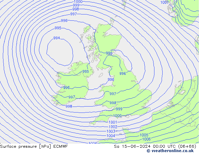 Presión superficial ECMWF sáb 15.06.2024 00 UTC