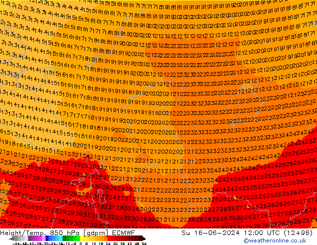 Hoogte/Temp. 850 hPa ECMWF zo 16.06.2024 12 UTC