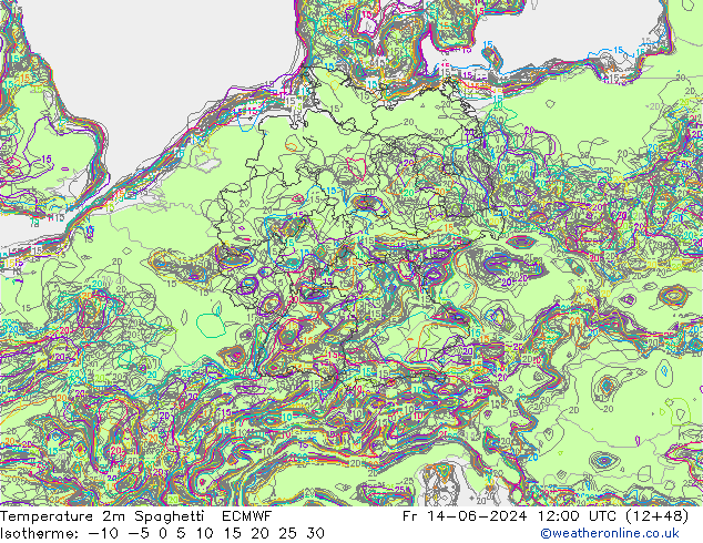 Temperatura 2m Spaghetti ECMWF Sex 14.06.2024 12 UTC