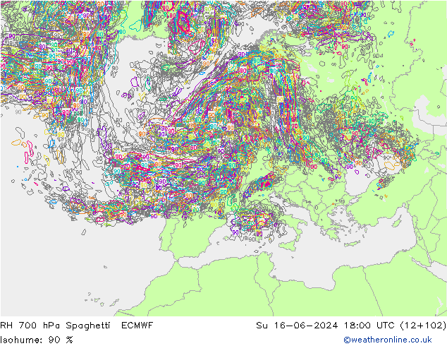 RH 700 hPa Spaghetti ECMWF Su 16.06.2024 18 UTC