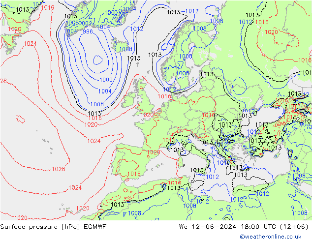 Luchtdruk (Grond) ECMWF wo 12.06.2024 18 UTC