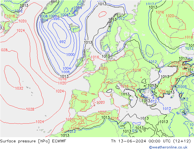 Atmosférický tlak ECMWF Čt 13.06.2024 00 UTC
