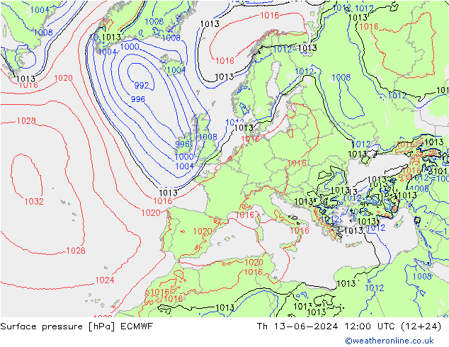 Pressione al suolo ECMWF gio 13.06.2024 12 UTC