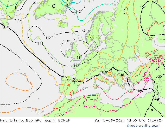 Geop./Temp. 850 hPa ECMWF sáb 15.06.2024 12 UTC