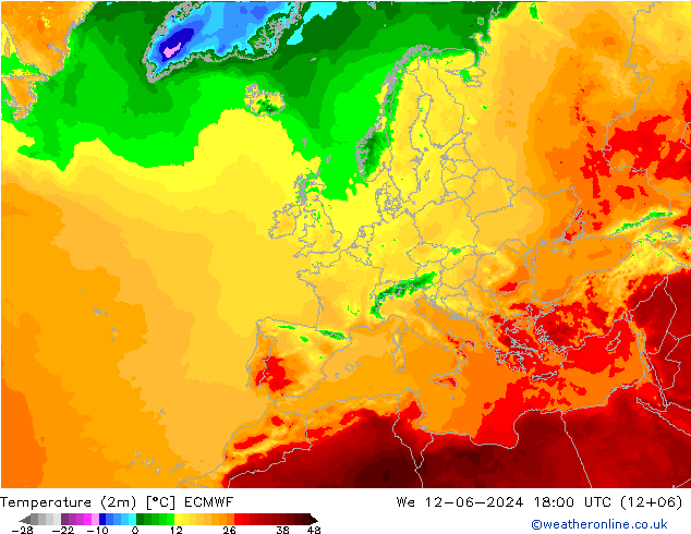 Temperature (2m) ECMWF We 12.06.2024 18 UTC