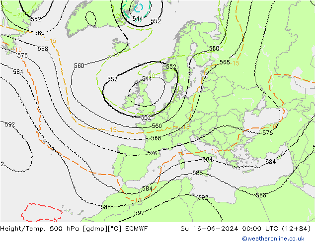 Height/Temp. 500 hPa ECMWF Su 16.06.2024 00 UTC