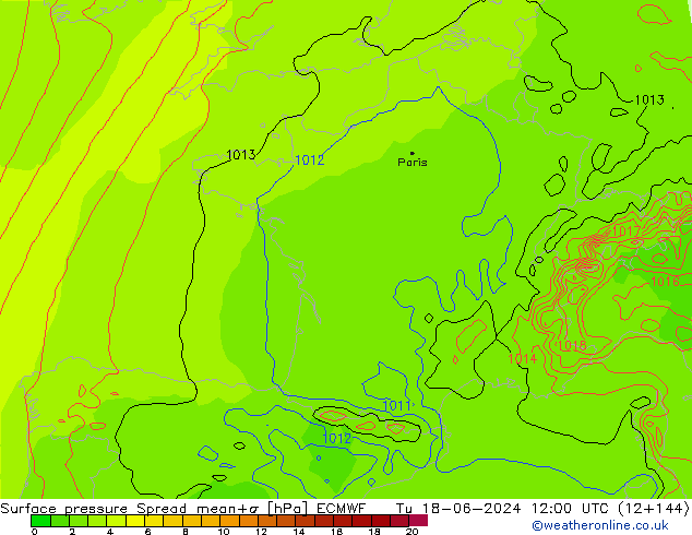 Presión superficial Spread ECMWF mar 18.06.2024 12 UTC