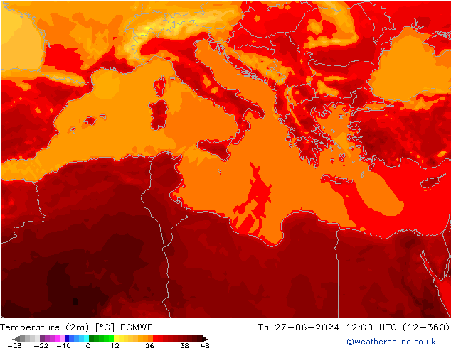 mapa temperatury (2m) ECMWF czw. 27.06.2024 12 UTC