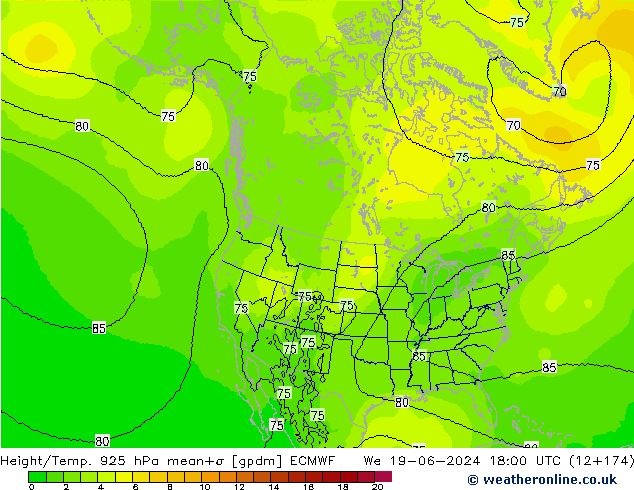 Height/Temp. 925 hPa ECMWF śro. 19.06.2024 18 UTC