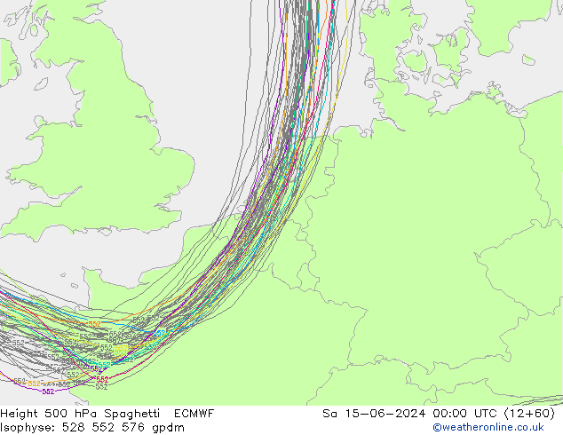 Height 500 hPa Spaghetti ECMWF Sa 15.06.2024 00 UTC