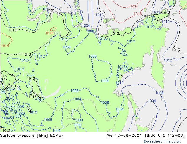 Presión superficial ECMWF mié 12.06.2024 18 UTC