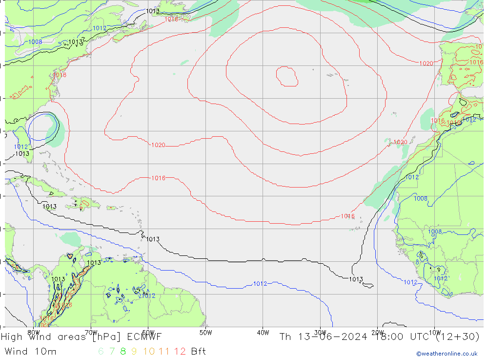 High wind areas ECMWF чт 13.06.2024 18 UTC