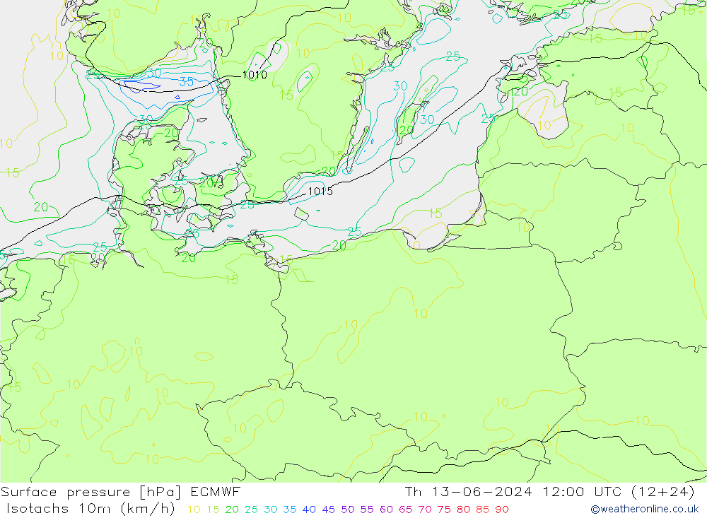 Isotachs (kph) ECMWF Qui 13.06.2024 12 UTC