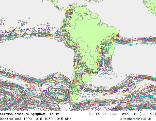 Luchtdruk op zeeniveau Spaghetti ECMWF zo 16.06.2024 18 UTC