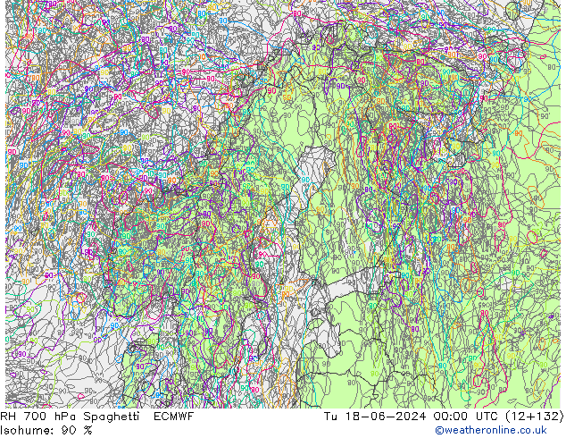 RH 700 hPa Spaghetti ECMWF Út 18.06.2024 00 UTC