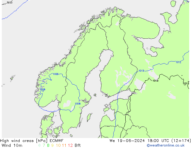 High wind areas ECMWF We 19.06.2024 18 UTC
