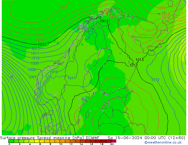 Pressione al suolo Spread ECMWF sab 15.06.2024 00 UTC